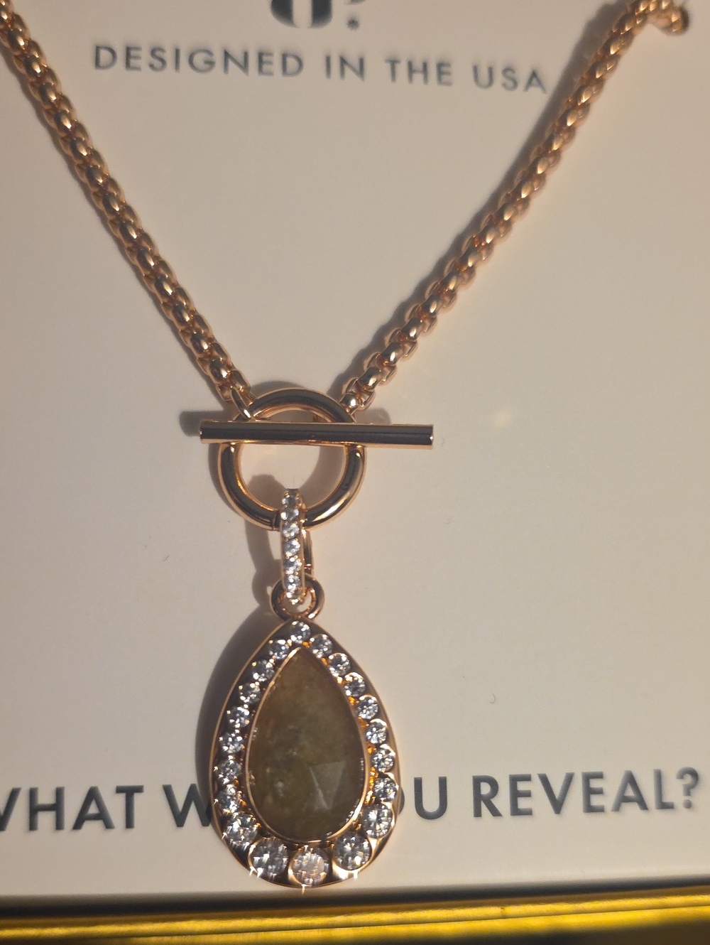 Rose Gold Teardrop Pendant Necklace with Olive Stone